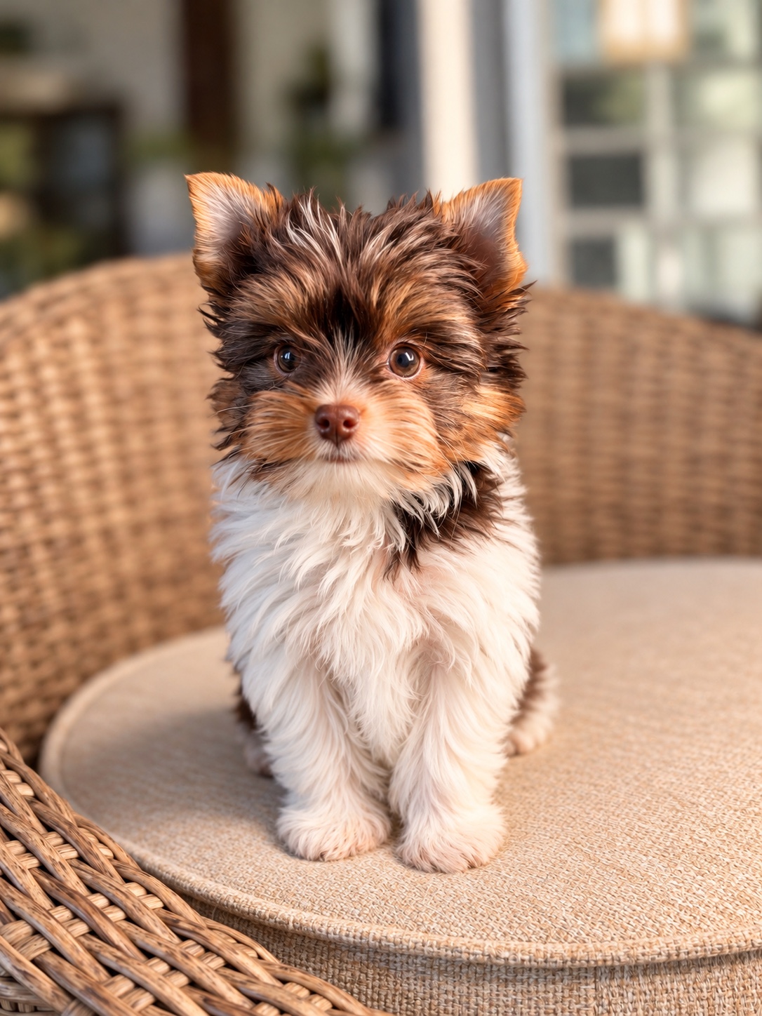 Freddie, a brown & white parti Yorkie