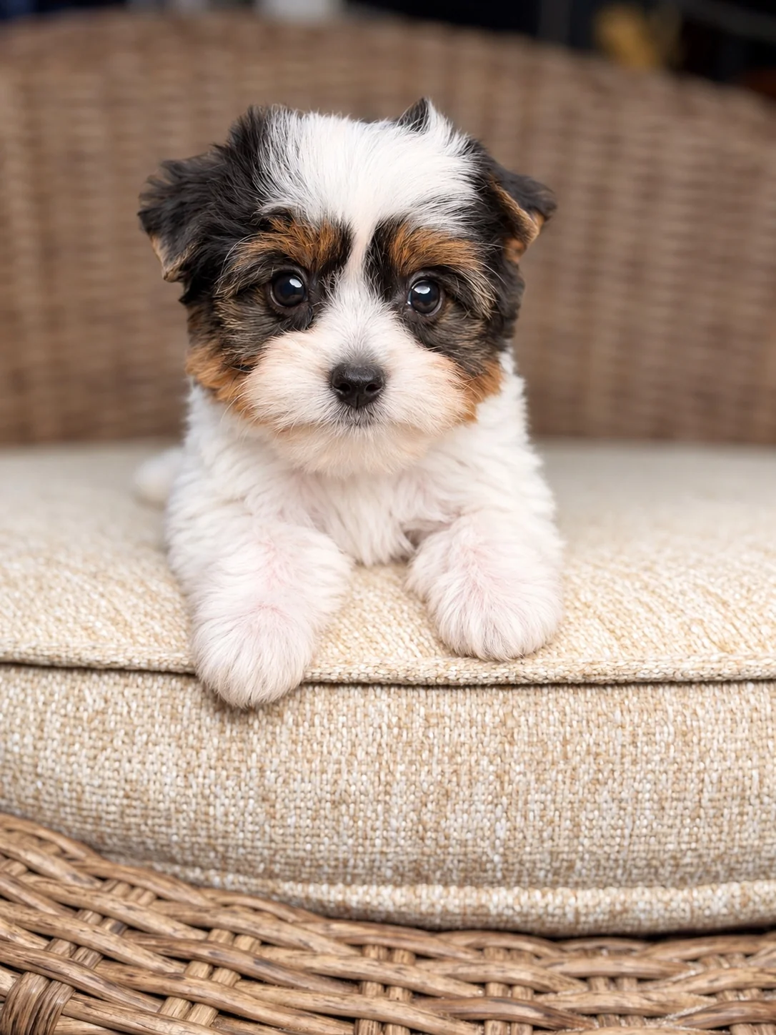 Lucky, a black, white & tan parti Yorkie