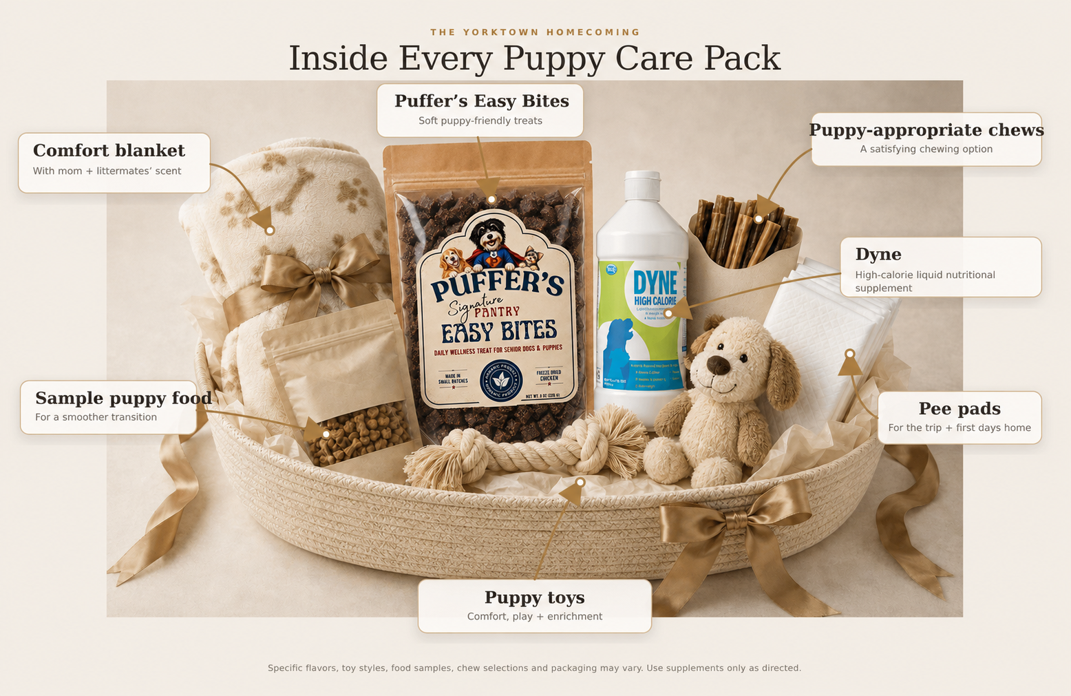 Annotated Yorktown puppy care pack showing the current Puffer's Easy Bites pouch, a familiar-scent blanket, toys, Dyne, pee pads, sample puppy food, and puppy-appropriate chews